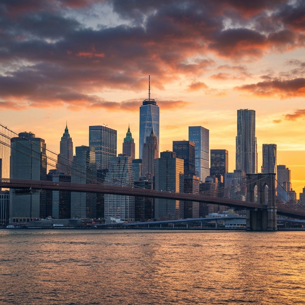 New York City skyline at sunset